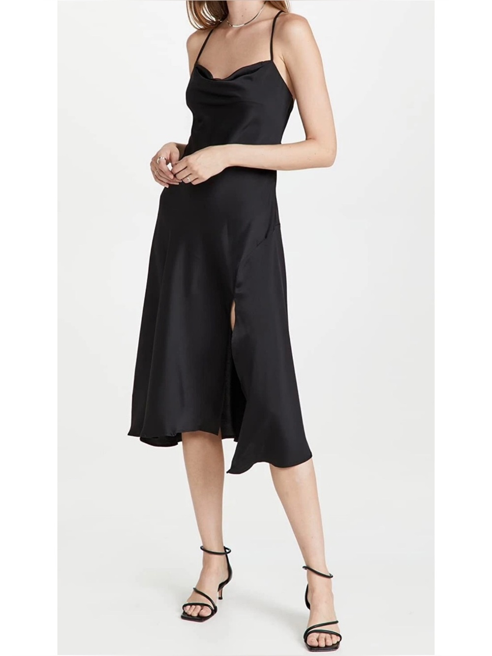 ASTR The Label Gaia Cowl Neck Cross Strap Satin Midi Slip Dress Asymmetrical